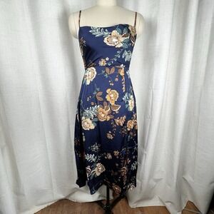 Petal & Pup Alejandra Cowl Neck Midi Slip Dress Blue Floral Satin Slit Size 2